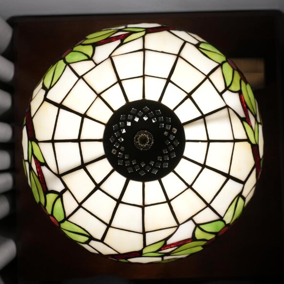 Tiffany Style Lamp Stained Glass Table Lamp 12" Green Leaves Red Grapes Art - Picture 5 of 7